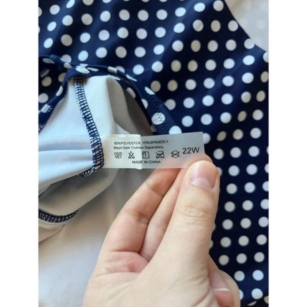 Womens 22W Navy Polka Dot Swim Suit Dress Sweetheart‎ Neckline Tie Front